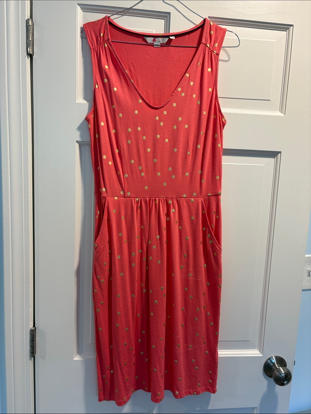 Boden Salmon Pink Dress with Gold Dots in Soft Cotton-Modal